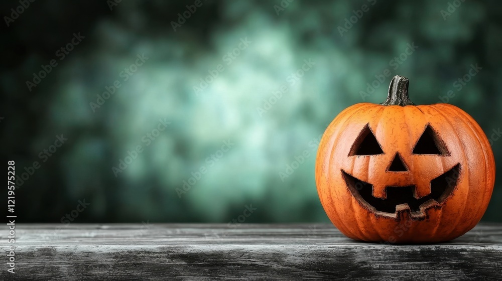 A jack-o-lantern sitting on top of a wooden table A jack-o-lantern sitting on top of a wooden table