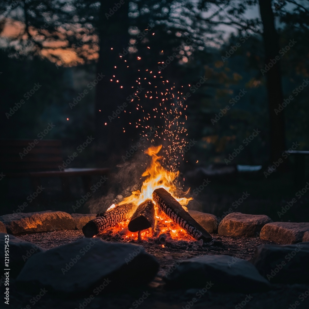 Naklejka premium Glowing bonfire in fire pit, flames dancing under the dark night sky