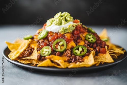 Loaded Nachos with Cheese, Beef, Beans, and Jalapeños