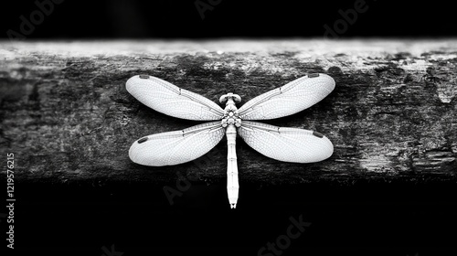 A black and white photo of a dragonfly on a piece of wood