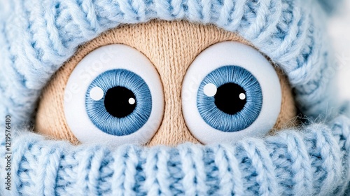 a close up of a stuffed animal wearing a blue hat and scarf