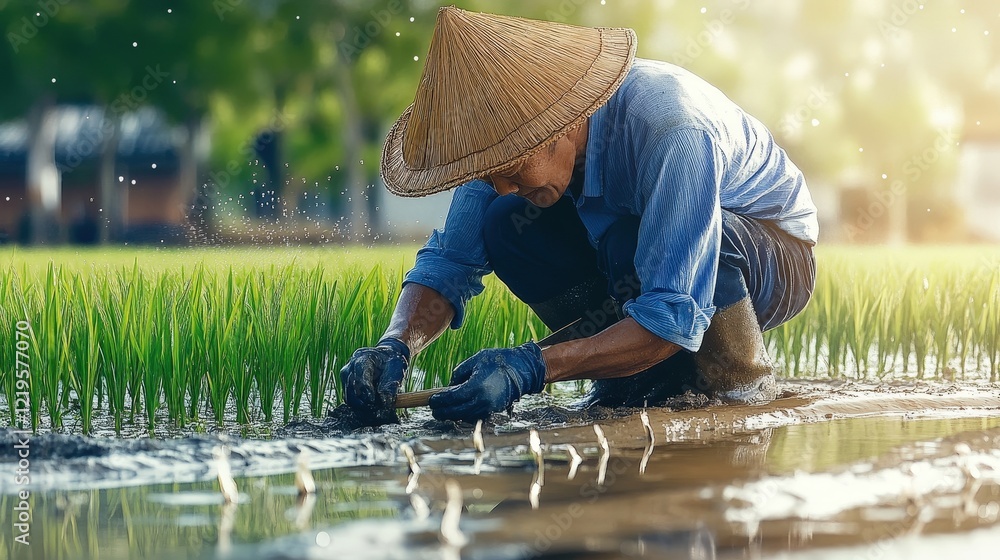 Dedicated Farmer Cultivating Lush Green Rice Plants in Serene Wetland Dedicated Farmer Cultivating Lush Green Rice Plants in Serene Wetland