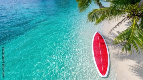 A red surfboard sitting on top of a sandy beach next to the ocean