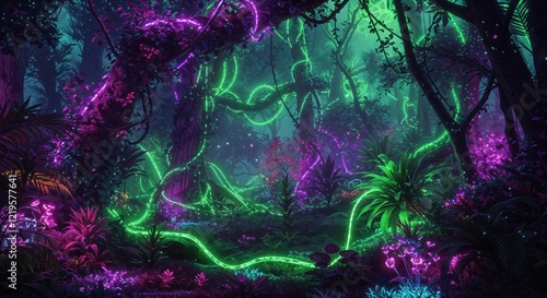 Fototapeta Naklejka Na Ścianę i Meble -  Enchanting neon forest with luminous plants and vibrant foliage at night