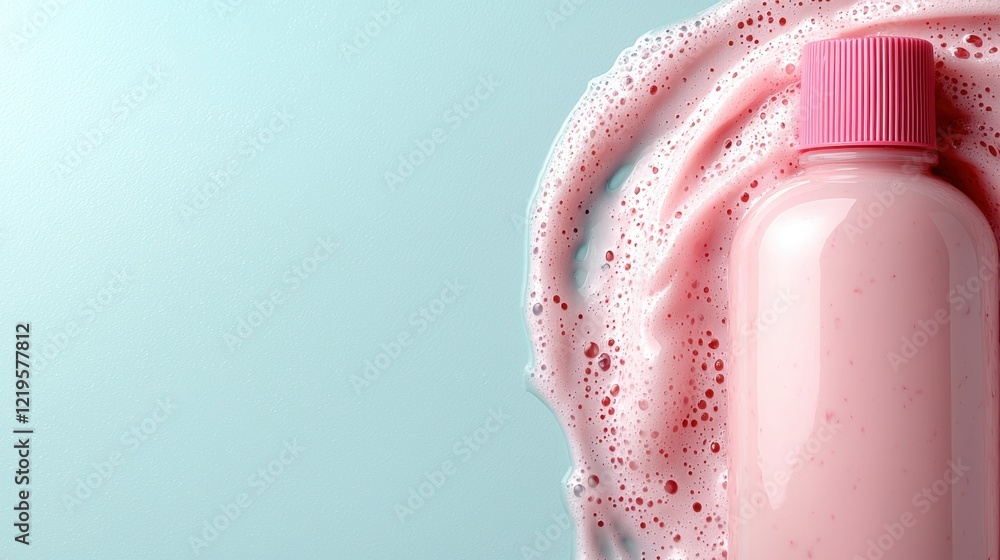 Obraz premium A bottle of pink liquid with a pink cap on a blue background