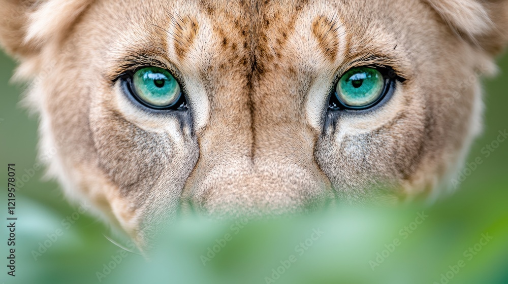 A close up of a lion's face with green eyes A close up of a lion's face with green eyes