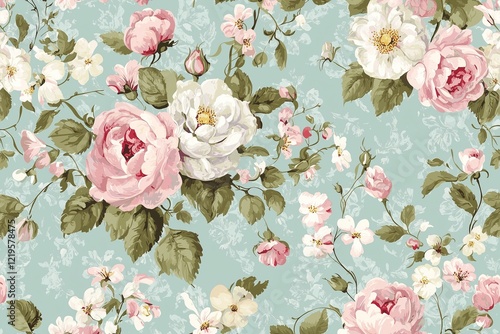 Rococo floral pattern with pastel blue background featuring pink and white roses, vintage wallpaper design perfect for elegant and romantic wall decor