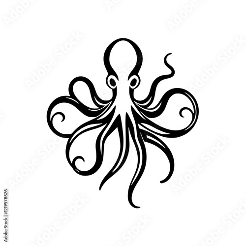 Elegant Octopus: A Black and White Ink Illustration of an Underwater Cephalopod.  Perfect for nature lovers and art enthusiasts.  A stylish graphic design that evokes the mystery of the deep sea.