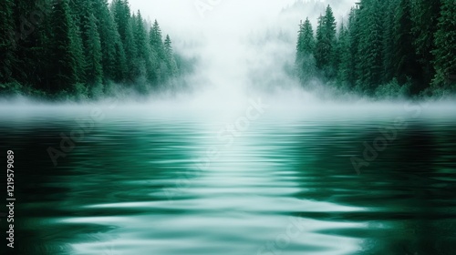 A foggy lake with trees in the background