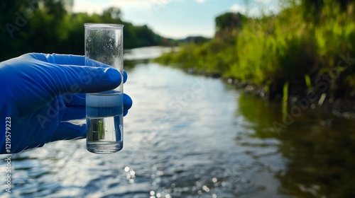 River water sample, environmental testing, nature background, pollution monitoring