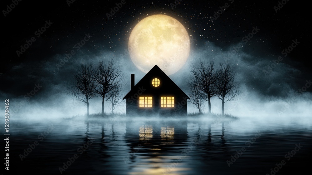 A house in the middle of a lake with a full moon in the background A house in the middle of a lake with a full moon in the background