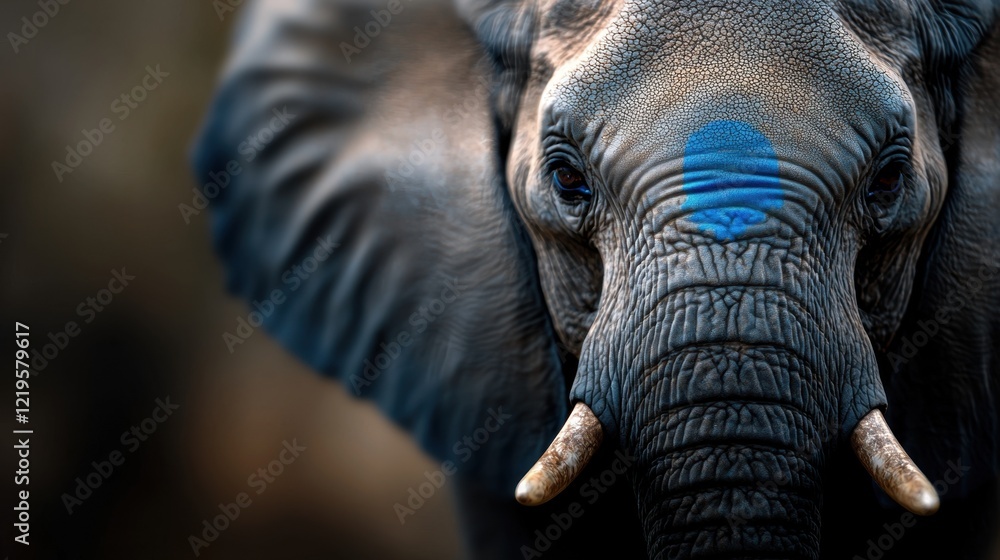A close up of an elephant with a blue spot on its face A close up of an elephant with a blue spot on its face