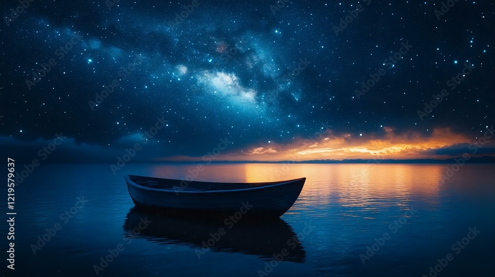 A boat glows under moonlight in a dramatic twilight seascape. Sparkling water reflects the night sky with stars and the Milky Way, captured photorealistically. A boat glows under moonlight in a dramatic twilight seascape. Sparkling water reflects the night sky with stars and the Milky Way, captured photorealistically.