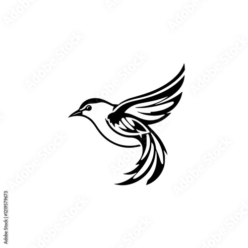 Hummingbird in Flight: Black and White Vector Graphic.  A stunning illustration of a hummingbird in mid-flight, captured in a simple yet elegant black and white vector graphic design.