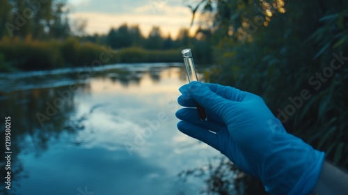 River water sample test, environmental scientist, sunset background, pollution research