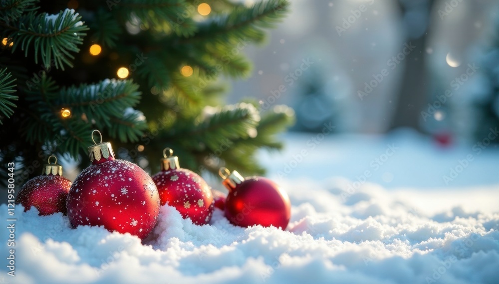 Obraz premium Colorful festive red and white ornaments scattered on the snow covered ground under a tall evergreen tree, sparkling, shine