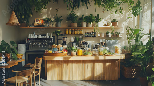 Sunlit Modern Coffee Shop with Lush Greenery and Wooden Decor