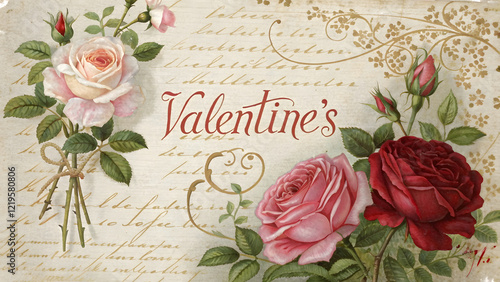 A beautifully detailed vintage Valentine’s postcard featuring elegant roses in soft shades of pink and red, with delicate green leaves framing the edges