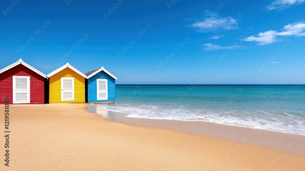 A row of colorful beach huts on a sandy beach next to the ocean A row of colorful beach huts on a sandy beach next to the ocean