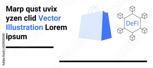 Shopping bag icon and Defi network elements with placeholders for text. Ideal for web development, digital marketing, blockchain, finance, and e-commerce. Landing page