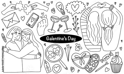 Happy Galentines day doodle set. Vector set of hand drawn Galentine day stickers