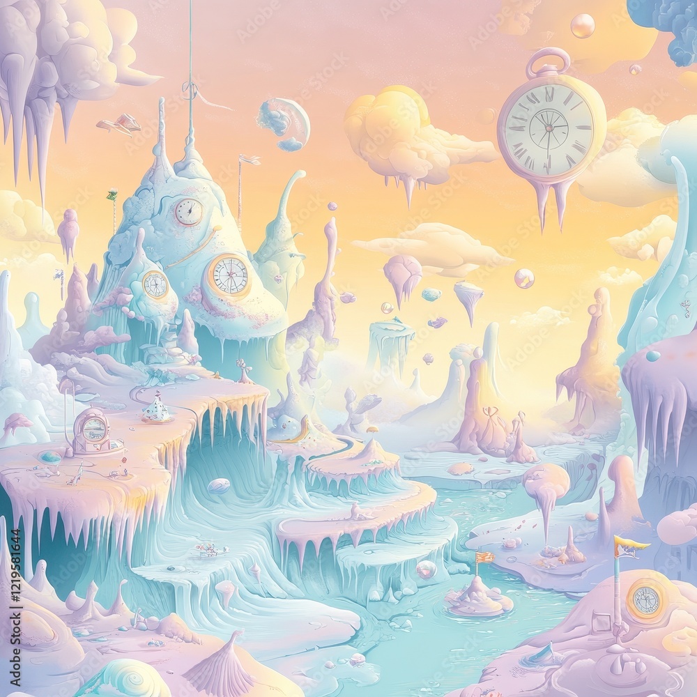 Fototapeta premium Whimsical Clockwork Landscape Pastel Dreamscape