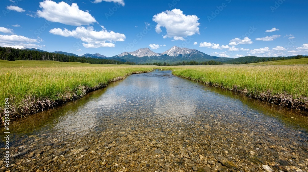 A stream running through a grassy field with mountains in the background A stream running through a grassy field with mountains in the background