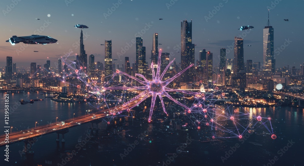 Fototapeta premium Futuristic cityscape with advanced technology network and flying vehicles at dusk