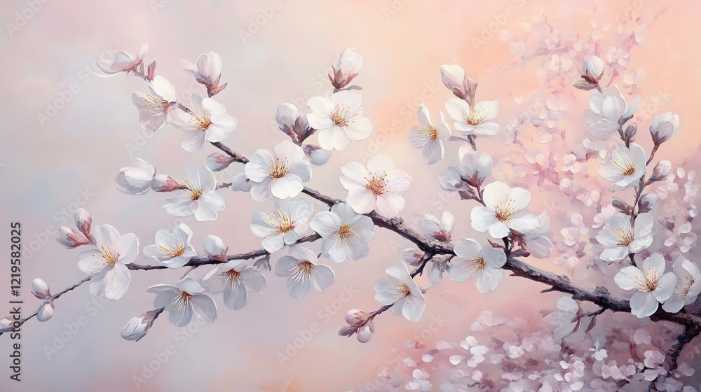 Obraz premium Elegant branches adorned with delicate cherry and almond blossoms in white and pink. Set against a serene lavender and peach gradient backdrop.