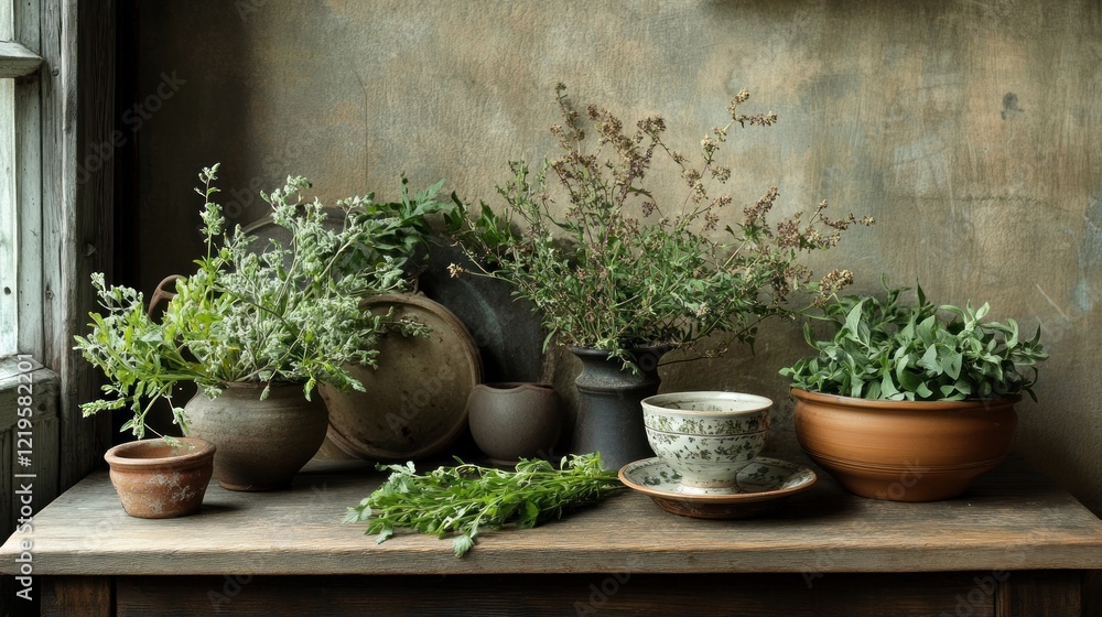 Fototapeta premium Rustic Still Life: Herbal Tea Composition