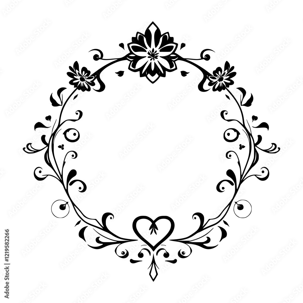 Elegant Black and White Floral Frame with Heart Design. Perfect for Wedding Invitations, Romantic Cards, and Decorative Projects. Elegant Black and White Floral Frame with Heart Design. Perfect for Wedding Invitations, Romantic Cards, and Decorative Projects.