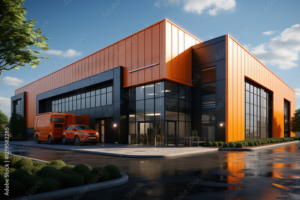 3D drawing of the design of an exterior modern warehouse with office space. 3D drawing of the design of an exterior modern warehouse with office space.