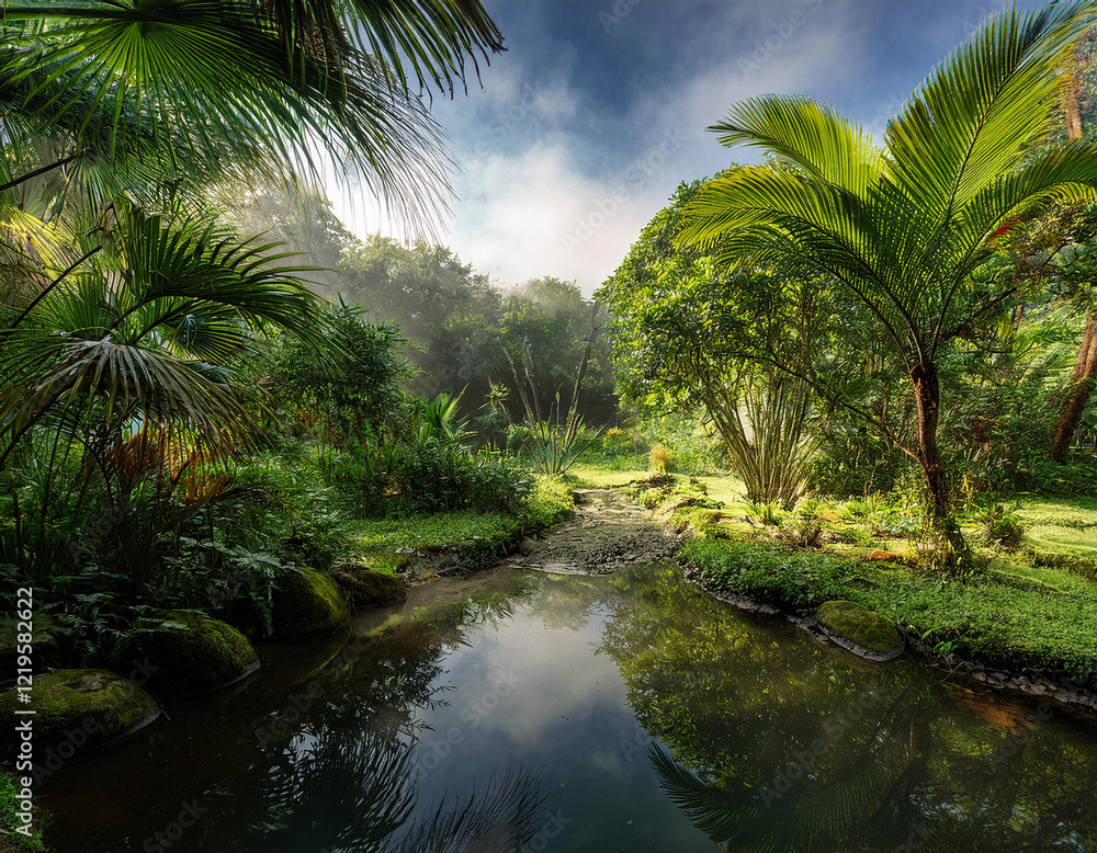 Obraz premium A serene tropical stream reflects the lush palm trees and exotic vegetation under dramatic cloudy skies in a pristine rainforest setting.