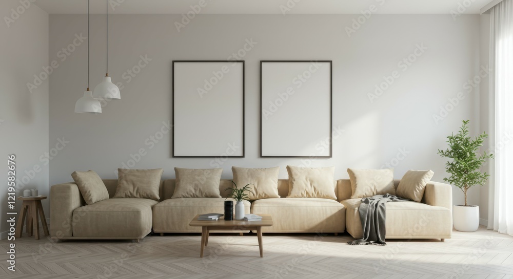 Fototapeta premium minimalist interior design, white floating shelf, gray brick wall, sunlight and shadows, empty picture frame, ceramic vase, stack of books, modern aesthetic, clean lines, monochromatic color scheme, d