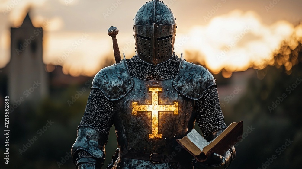 knight in intricately engraved armor stands tall gripping sword in one hand and Bible in other illuminated radiant sky filled soft golden clouds. knight in intricately engraved armor stands tall gripping sword in one hand and Bible in other illuminated radiant sky filled soft golden clouds.