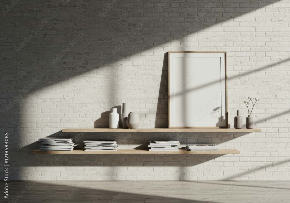 minimalist interior design, white floating shelf, gray brick wall, sunlight and shadows, empty picture frame, ceramic vase, stack of books, modern aesthetic, clean lines, monochromatic color scheme, d minimalist interior design, white floating shelf, gray brick wall, sunlight and shadows, empty picture frame, ceramic vase, stack of books, modern aesthetic, clean lines, monochromatic color scheme, d