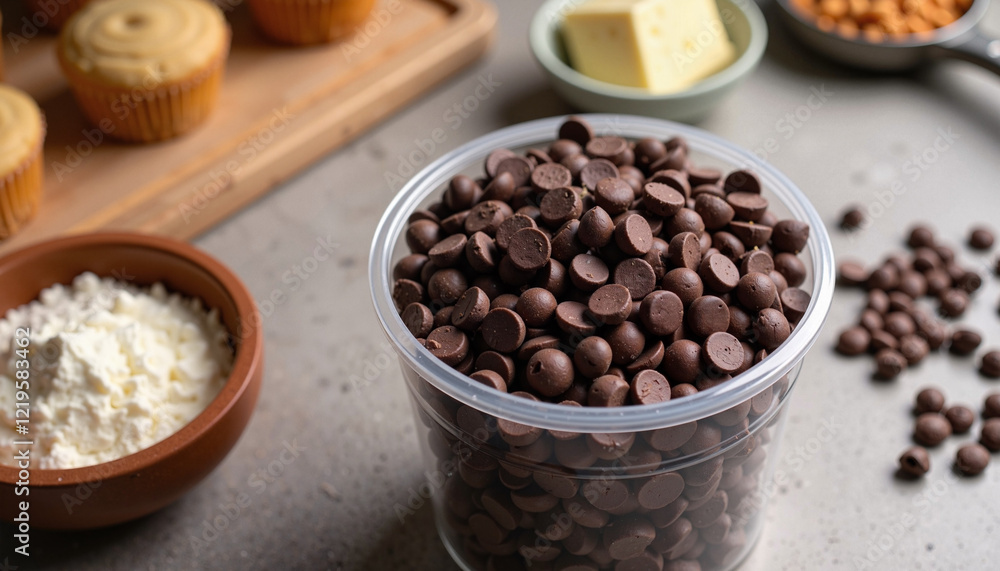 Plastic Container of Chocolate Chips in Modern Kitchen Setting Plastic Container of Chocolate Chips in Modern Kitchen Setting