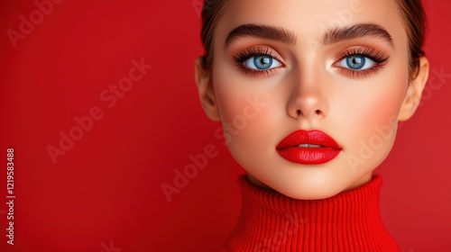 A woman with blue eyes and red lipstick