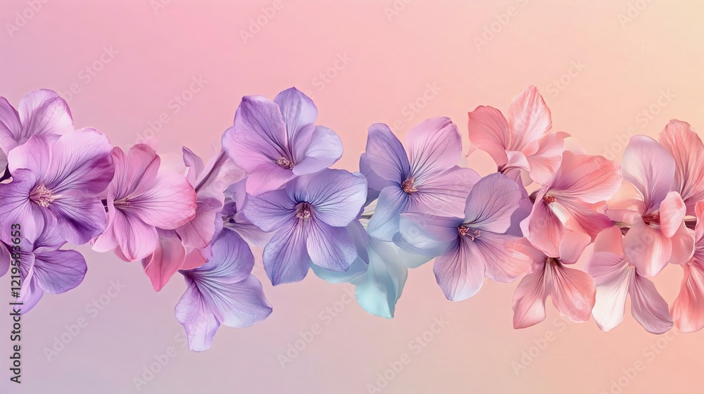 A right-aligned design with blooming purple and pink corydalis flowers against a gradient background transitioning from light green to pastel coral. A right-aligned design with blooming purple and pink corydalis flowers against a gradient background transitioning from light green to pastel coral.