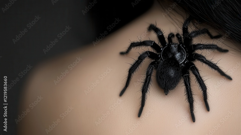 Obraz premium A black spider sitting on the back of a woman's shoulder