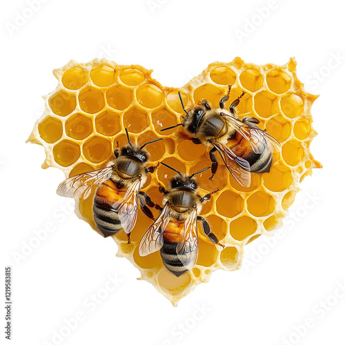 Three bees on heart-shaped honeycomb on a transparent and isolated white background. Generated AI