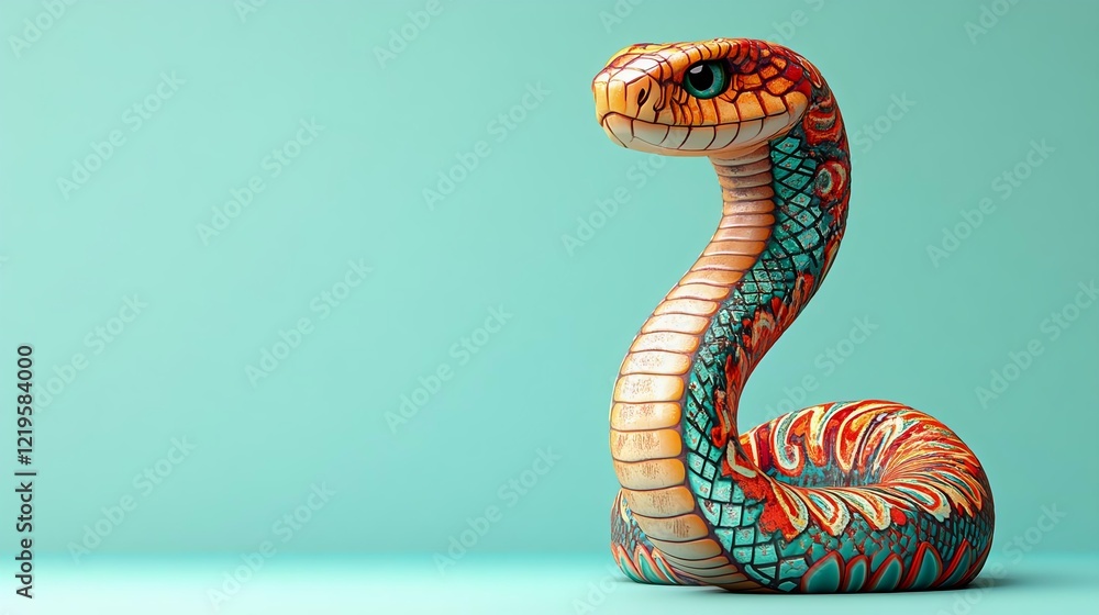 Fototapeta premium A vibrant, friendly cobra with an expanded hood on a light blue background. Features intricate designs and a smiling face, ideal for educational or cartoon use.