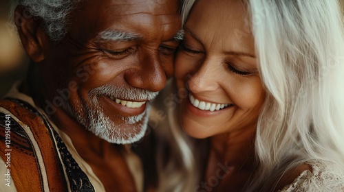 Close-up of a joyful elderly couple with diverse skin tones sharing a laugh. The warm brown and light beige complexions are lit with a golden hue. photo