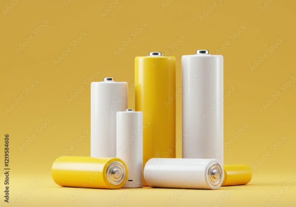 batteries, cylindrical, yellow and white, various sizes, glossy finish, minimalist composition, solid yellow background, product photography, clean aesthetic, energy storage, power cells, commercial s batteries, cylindrical, yellow and white, various sizes, glossy finish, minimalist composition, solid yellow background, product photography, clean aesthetic, energy storage, power cells, commercial s