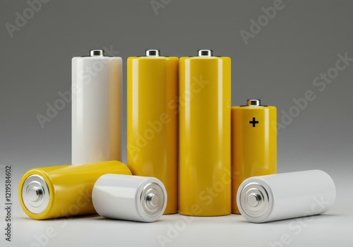 batteries, cylindrical, yellow and white, various sizes, glossy finish, minimalist composition, solid yellow background, product photography, clean aesthetic, energy storage, power cells, commercial s