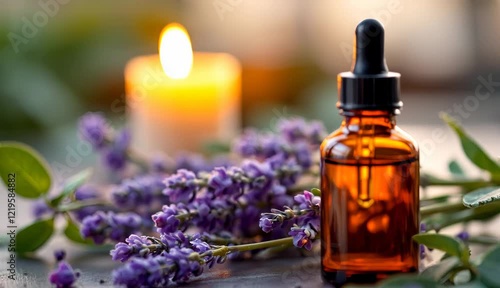 Aromatherapy glass bottle with lavender and candle ambience in relaxing sequence