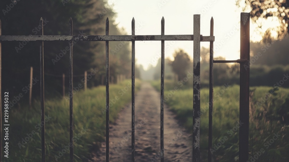Obraz premium Rusty metal gate opens to a path through a grassy field at sunrise.