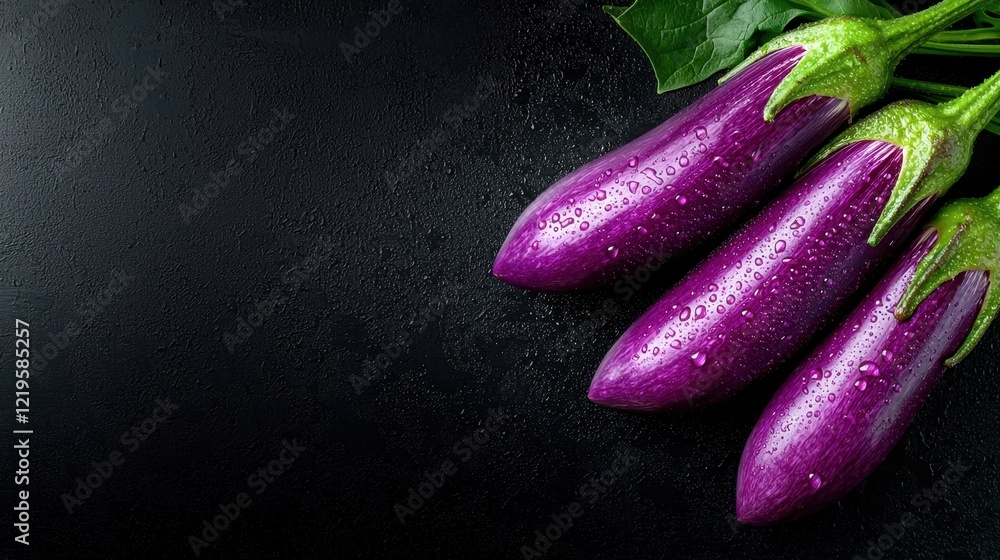 A bunch of purple eggplants with water droplets on them A bunch of purple eggplants with water droplets on them