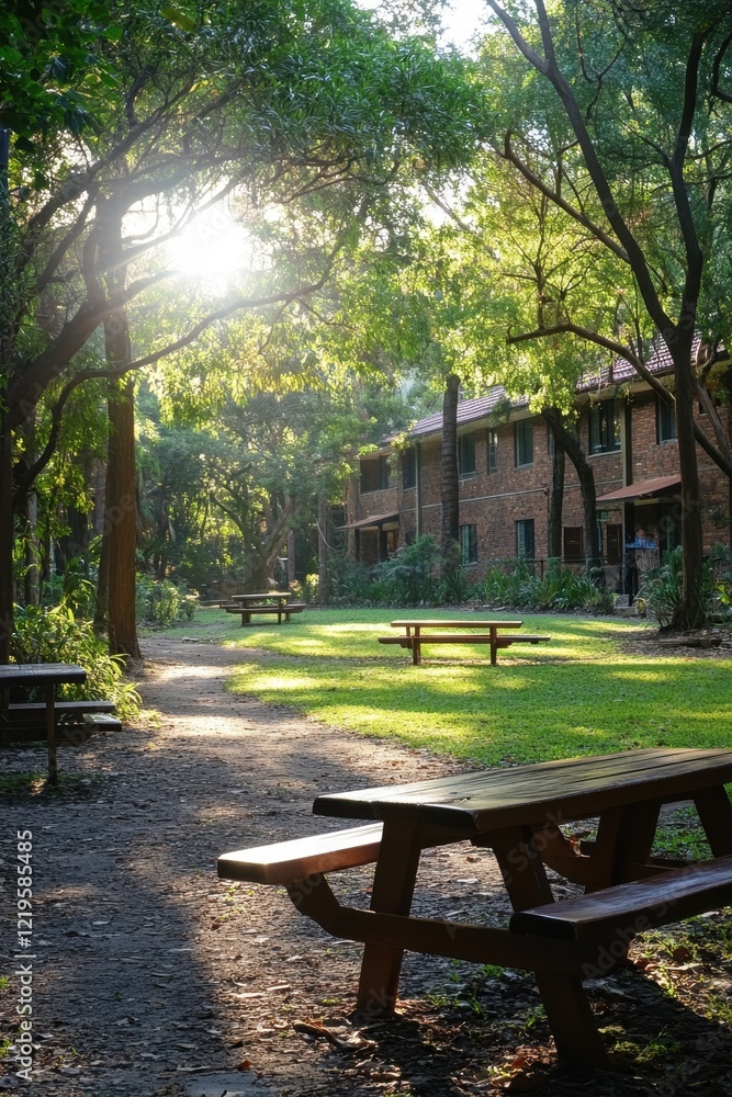 A picnic table in the middle of a grassy area surrounded by trees A picnic table in the middle of a grassy area surrounded by trees