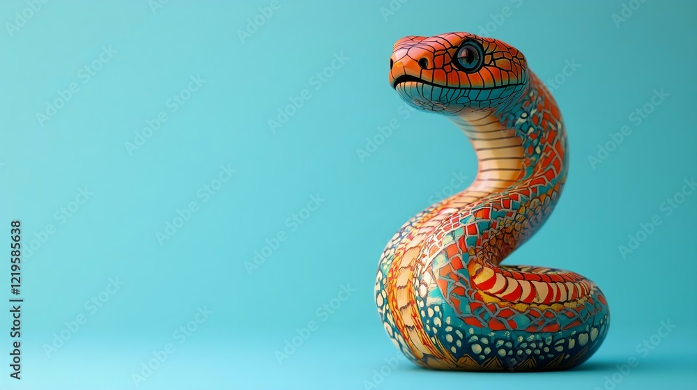 Fototapeta premium Vibrant cobra with an expanded hood and intricate designs, smiling against a light blue background. Ideal for educational materials and cartoons.